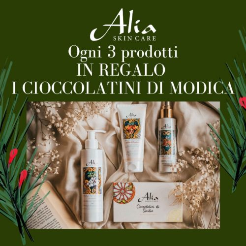 Con l’acquisto di 3 prodotti Alia skin care riceverai in regalo una scatola di CIOCCOLATINI MODICANI PREGIATI!